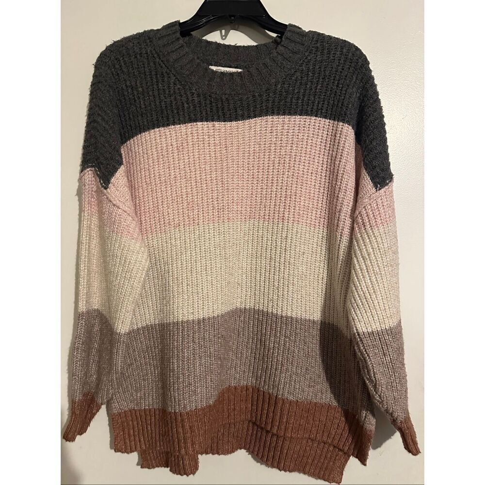 American Eagle Striped Oversized Cable Knit Striped Sweater size Medium Pink Gra